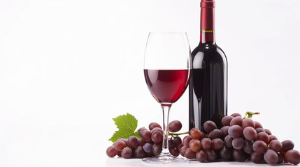 Composition of a wine bottle, a glass of red wine, grape