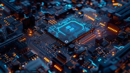 Poster - Close-up of a Computer Motherboard with Glowing Circuitry