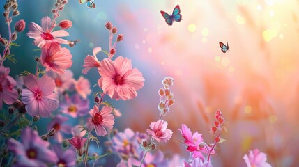 Poster - Pink mallow flowers against sunrise background and colorful butterflies