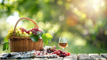 Wall Mural - basket of grapes and a glass of wine on the table