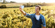 © Stratford/peopleimages.com - Man, agriculture or social media for selfie with smile, profile picture for sustainable farming. Male farmer, countryside or agro business with face photography, app for digital blog or banner mockup