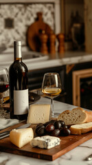 A bottle of wine and wine glass are on a table with a cheese plate