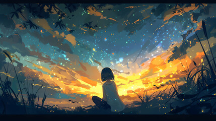 Wall Mural - Anime-style illustration of a girl sitting peacefully under a twilight sky, enveloped by a radiant tapestry of stars and the vast cosmos.