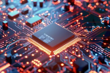 Poster - Closeup of a microchip on a circuit board with illuminated electronic pathways