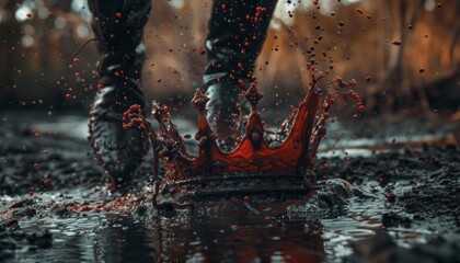 A fallen crown in a pool of blood at the knight's feet. The fall of the evil criminal empire of the king.