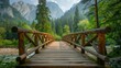 © Barosanu - A beautiful wooden bridge with cross supports leads to a vast, dense forest with towering trees and mountains in the distance, representing adventure and the beauty of nature.