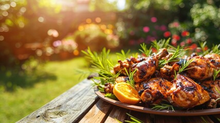 Grilled chicken with herbs and fruit on wooden table outdoors