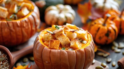 Wall Mural - Pumpkin soup with croutons and pumpkin seeds. Vegetable vitamin soup