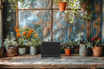 Canvas Print - Laptop on a Wooden Table With Plants and a Window in the Background