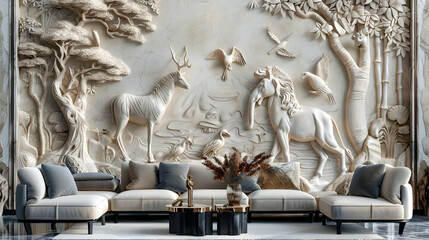 Wall Mural - Beautiful animal 3d relief wallpaper. Mural wallpaper. AI generated illustration