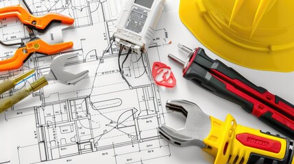 electrician's tools and blueprint for a new construction project