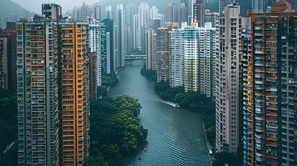 Poster - Densely Populated Urban Cityscape with River Flowing Through Skyscrapers and Modern Towers