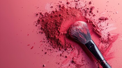 Wall Mural - a red powder explosion with brush on a pink background, beauty and cosmetics concept, Ideal for cosmetic articles and makeup school, copy space, place for text