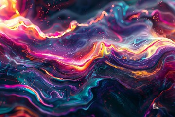 Poster - Digital art image of vibrant waves in a fluid, surreal landscape