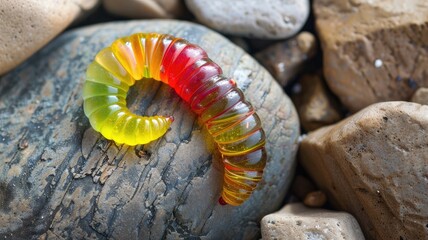 Colorful segmented worm-shaped candy on rocks outdoors