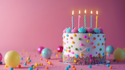 Birthday cake with lit candles and colorful sprinkles. Celebration concept with copy space.