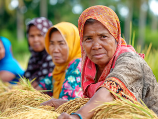 Canvas Print - Three women wearing colorful scarves are sitting on the ground, surrounded by rice. They seem to be working together, possibly harvesting the rice. Concept of community and cooperation