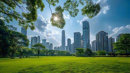 Impressive Urban Skyline with Lush Green Park in Downtown City Center