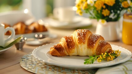 Wall Mural - Croissant close-up on plate, table setting