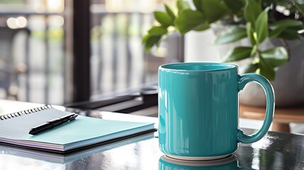 Sleek metal desk with a turquoise mug and notepad, clean and professional look.