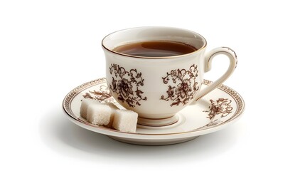 Poster - Classic Coffee Cup with Saucer and Sugar Cubes on White Background