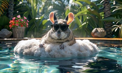 Wall Mural - Chinchilla in Sunglasses Lounging on a Fluffy Cloud Float