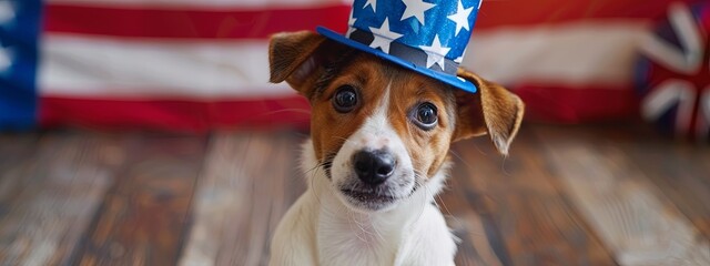 Canvas Print - Cute dog Dress in a 4th of July Hat with Space