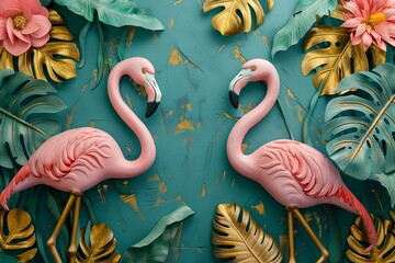 Wall Mural - Decorative volumetric stucco flamingos surrounded by tropical foliage