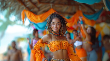 Wall Mural - Beautiful Black Woman in Vibrant African Outfit Dancing at a Lively Beach Party