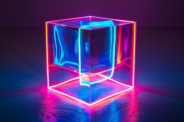 Poster - Glowing cube with neon lights in pink and blue hues, casting colorful reflections on a sleek surface