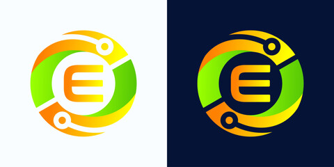 Poster - Letter E technology logo with circles and circuit board lines with letter E inside for digital, data, connection in green and orange gradient colors