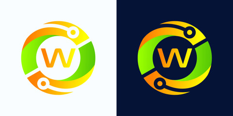 Poster - Letter W technology logo with circles and circuit board lines with letter W inside for digital, data, connection in green and orange gradient colors