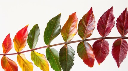 Wall Mural - Leaves of smooth sumac in red green and yellow against a white backdrop representing autumn with room for text