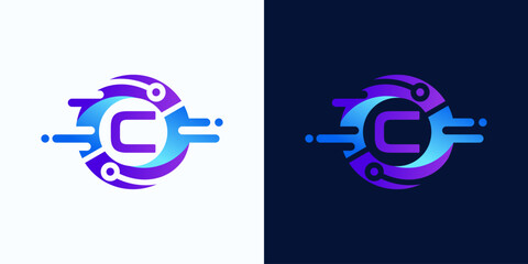 Poster - Circle technology logo with letter C inside with circuit dots for digital, data, connection in blue and purple gradient colors