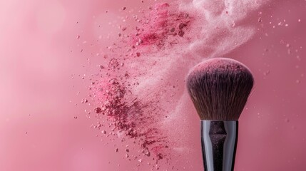 Wall Mural - Makeup brush on cosmetic powder background, pink color palette, perfect for makeup school ads and cosmetic articles, copy space, place for text