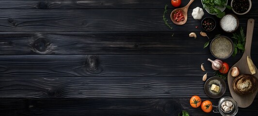 3. Against a stylish black wooden background, a top-down view provides a versatile canvas for culinary imagery. With generous empty space, this setting invites the addition of cooking ingredients or