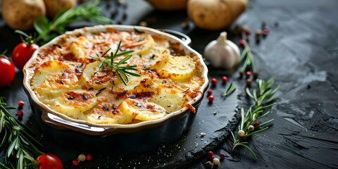 Wall Mural - French cuisine creamy potato gratin Dauphinois a delectable side dish. Concept French cuisine, Potato dish, Creamy gratin, Dauphinois, Side dish