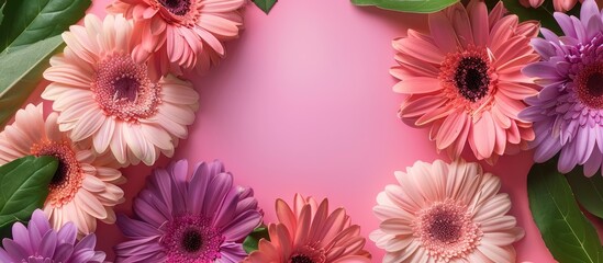 Sticker - Summer-themed web banner featuring vibrant gerbera flowers in shades of pink, purple, and white, accented by green leaves on a soft pink backdrop