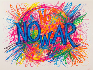 Wall Mural - Text No war colorful scribbles in chaotic wax crayon drawing style