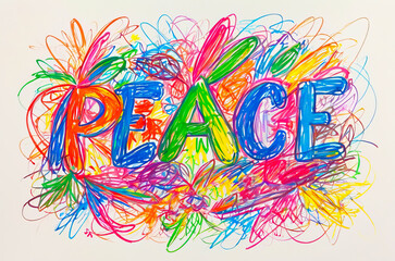 Wall Mural - Text Peace colorful scribbles in chaotic wax crayon drawing style