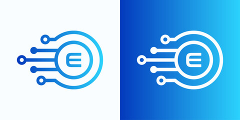 Poster - Letter E technology logo with circle and circuit board lines for digital, data, connection in blue gradient color