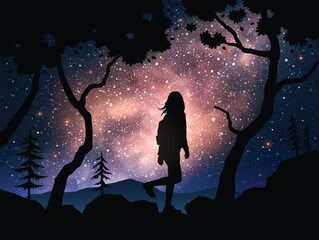Sticker - Girl walks on rocky ground. Hiking at mountain range. Milky Way in sky