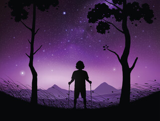Sticker - Man at mountains. Hiking with trekking poles. Milky Way in starry sky.
