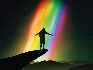 Sticker - Night climbing. Man silhouette on cliff edge. Rainbow polar lights