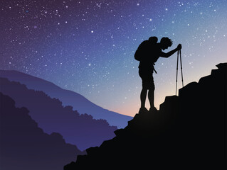 Poster - Man climbs rocky mountain. Climbing with trekking poles. Night starry sky