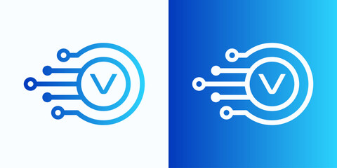 Poster - Letter V technology logo with circle and circuit board lines for digital, data, connection in blue gradient color