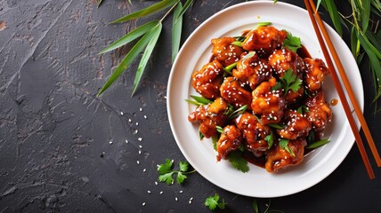 Wall Mural - Glazed chicken with sesame seeds and greens on white plate