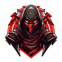 Wall Mural - Red Ninja Warrior Gaming Logo. Masked Assassin with Hood and Axes
