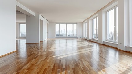 Wall Mural - Empty Modern Apartment Living Room With Hardwood Floor And Large Windows Looking Out To City Skyline