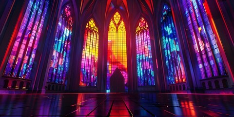 Poster - Realistic 3D digital painting of a vibrant gothic stained glass cathedral window. Concept Digital Art, Gothic Architecture, Stained Glass, Cathedral Window, Vibrant Colors